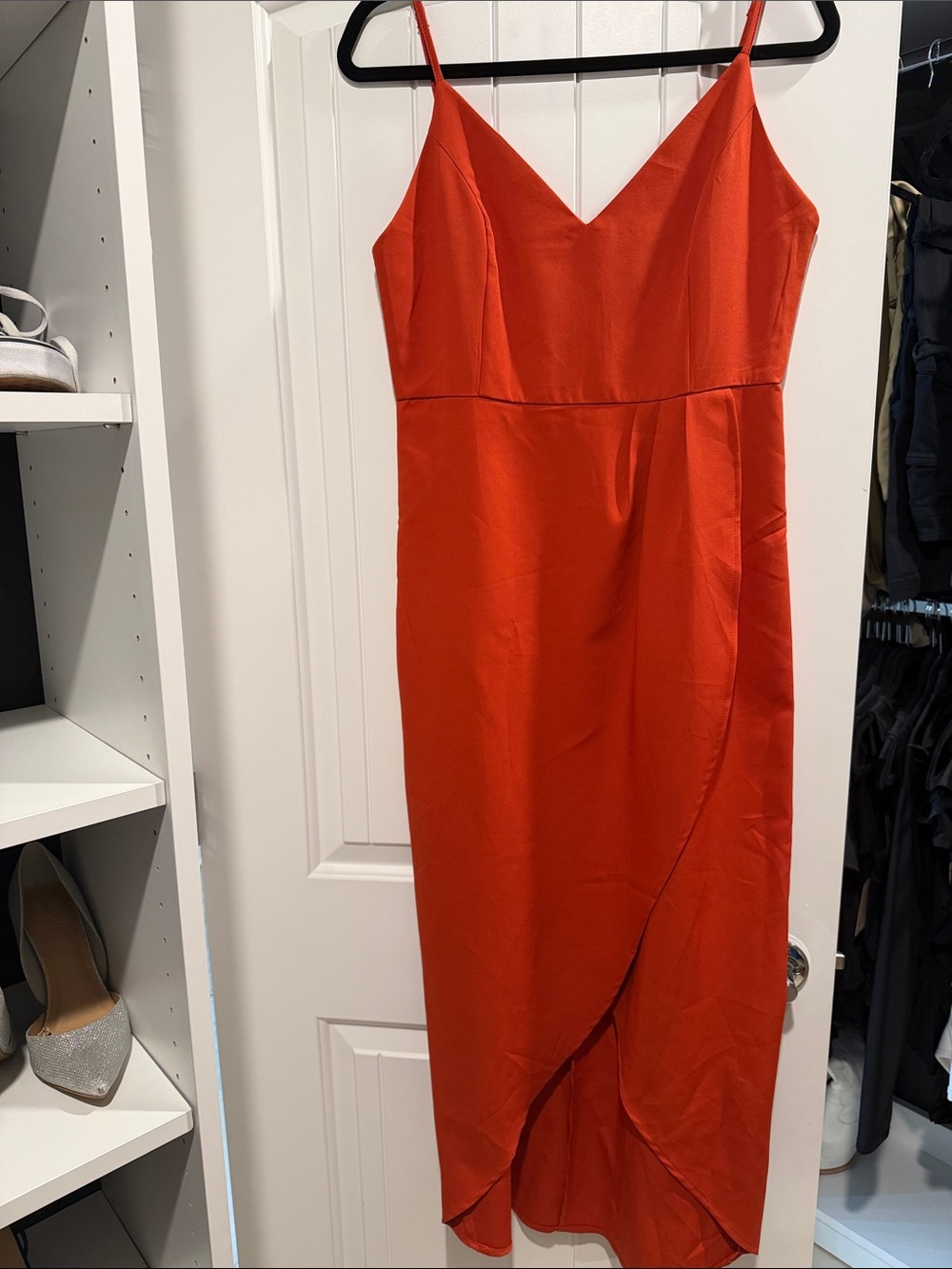 Sleek Red Satin Midi Slip Dress with V-Neck